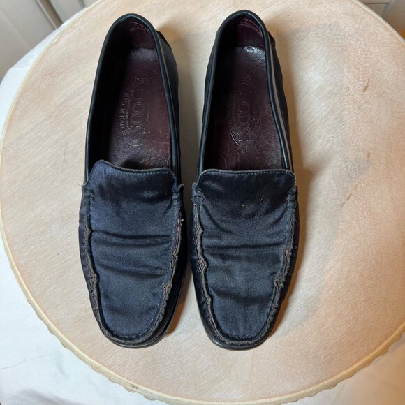 Tod's Women's Satin Loafer Shoe Size 8.5 Navy Blue Driving Shoe - Picture 5 of 11